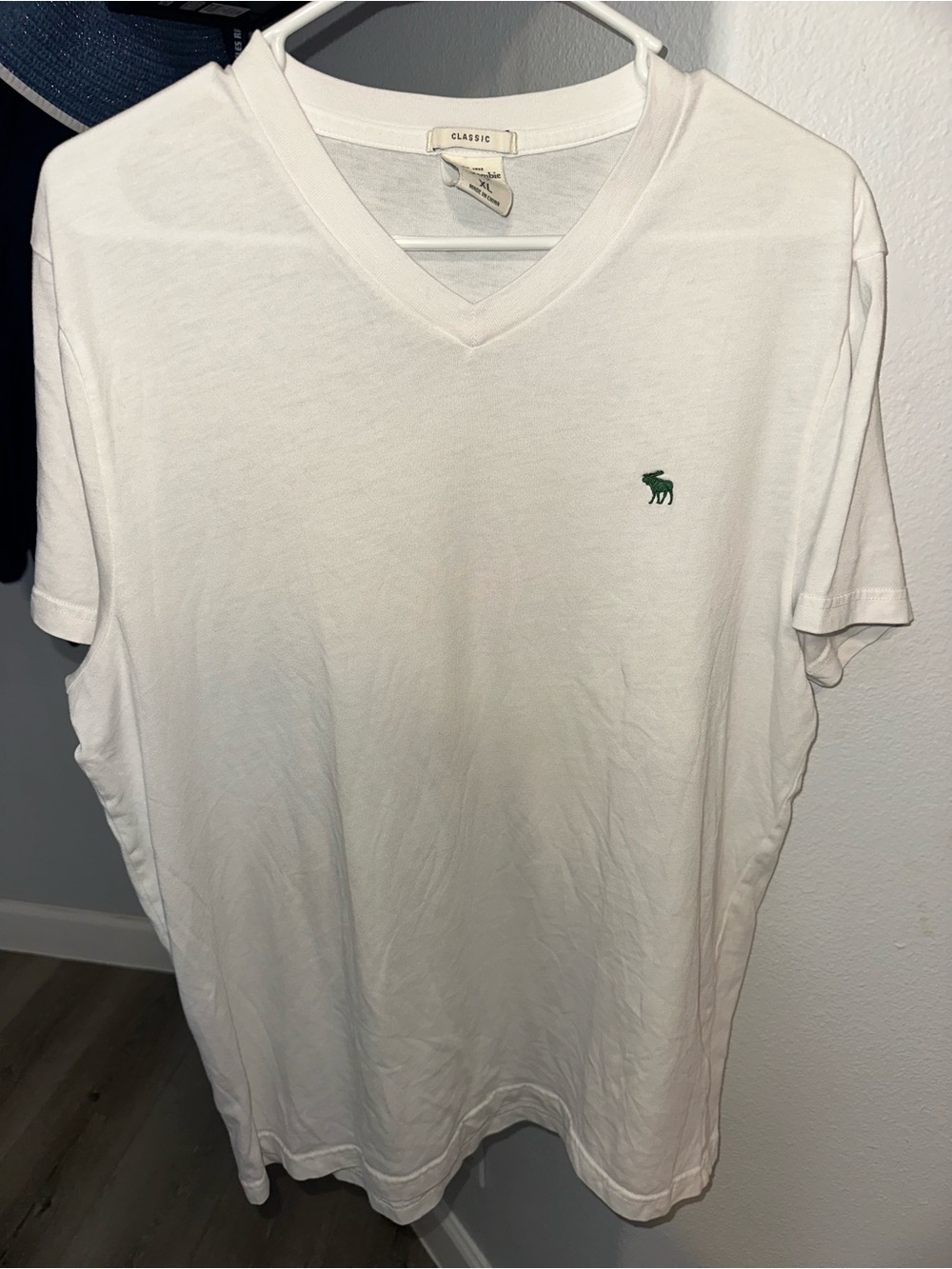 Abercrombie & Fitch White V-Neck Tee with Green Moose Logo